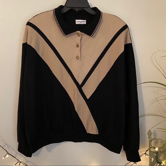 '80s ‘90s Vintage Collared Top Black Tan V Design - Picture 2 of 11